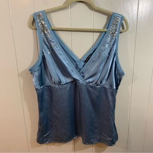 New York & Co Blue Plus 100% Silk Sequin Party Club V Neck Tank Top 14 NEW